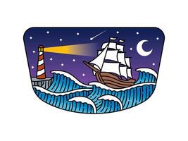 Beautiful ocean waves and lighthouse at night in frame vector