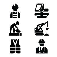 Features a collection of black and white construction worker and equipment icons, suitable for use in websites, presentations, or documents vector
