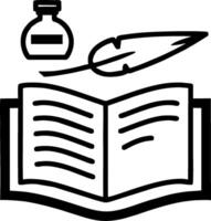 Open book with quill and inkwell, symbolizing literature and writing. vector