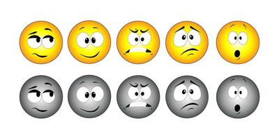 Set of emoji faces in yellow and gray colors showing different emotions including skeptical, happy, angry, sad, and surprised vector