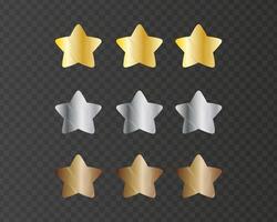 Set of gold, silver and bronze stars with metallic texture. Glossy rating elements isolated on transparent background vector