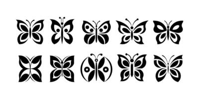 Set of ten black butterfly silhouettes with decorative symmetrical wing patterns icons isolated on white background vector