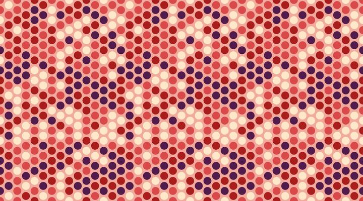 Abstract geometric pattern featuring a vibrant array of red, pink, and purple circles arranged in a dynamic diagonal plaid design. Perfect for textiles, website backgrounds, or modern branding.