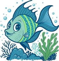 Colorful Cartoon Fish Swimming in Coral Reef with Bubbles and Seaweed Ideal for Kids Projects vector