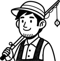 Smiling Fisherman with Fishing Rod and Hat in Playful Cartoon Style for Coloring and Design vector