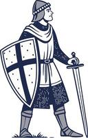 Knight in Armor with Sword and Shield Standing Proudly Representing Chivalry and Valor vector