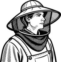 Detailed Portrait of a Female Beekeeper in Protective Attire with Honeycomb Background vector