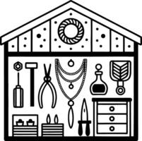 Creative Workshop Tools and Jewelry Crafting Elements in Shelves Design for Hobbyists vector