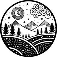 Mountain Landscape with Trees and Stars Circular Design for Coloring and Creative Projects vector