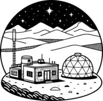 Futuristic Desert Outpost with Geodesic Dome and Mountains Under Starry Night Sky vector