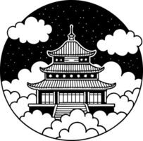Serene Eastern Temple Surrounded by Clouds and Stars Ideal for Tattoo and Coloring Design vector