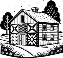 Charming Country House with Unique Quilt Patterns Surrounded by Lush Greenery and Trees vector