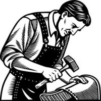 Blacksmith Working on Metal with Hammer in Traditional Workshop Illustration vector