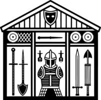 Medieval Armor and Weapons Display in a Barn Style Design for Historical Themes vector