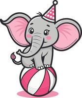 Cute Cartoon Elephant Balancing on Beach Ball with Party Hat vector
