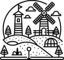 Charming Countryside Landscape with Windmill Tower Trees and Clouds for Coloring and Design vector