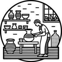 Pottery Crafting Artisan Working in Studio Surrounded by Tools and Pottery Supplies vector