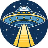UFO Spaceship with Bright Beam of Light and Stars in Outer Space for Creative Projects vector
