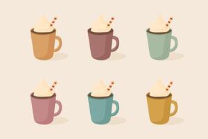 set of cocoa mugs with whipped cream in retro vintage colors flat illustration. vector