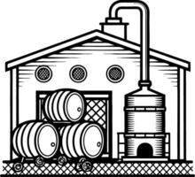 Rustic Distillery Building with Barrels and Copper Still for Illustrations and Coloring vector