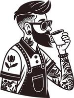 Stylish Bearded Man with Tattoos Drinking Coffee in Retro Outfit for Tattoo Designs and Artwork vector