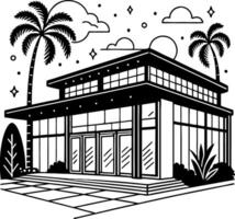 Modern House Design with Palm Trees and Clouds for Coloring Book or Tattoo Inspiration vector