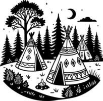 Tribal Tipi Campsite with Tall Pine Trees and Moonlit Sky for Camping and Adventure Themes vector