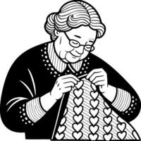 Grandmother Knitting Heart Pattern Sweater Cozy Crafting Illustration for Coloring Books vector