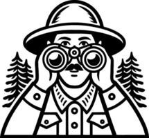 Explorer Using Binoculars Surrounded by Pine Trees Vintage Illustration for Outdoor Adventures vector