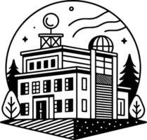 Modern Observatory Building with Geometric Design Trees and Stars for Coloring or Tattoo Art vector