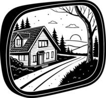 Scenic View of Cozy House and Landscape Reflected in Rearview Mirror Illustration vector