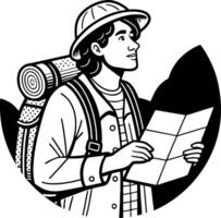 Adventurous Hiker with Map and Backpack Exploring Nature in Vintage Style Illustration vector