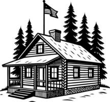 Charming Rustic Cabin Surrounded by Tall Pine Trees American Flag Banner vector