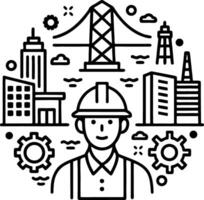 Construction Worker with Cityscape Background and Engineering Elements for Industry Graphics vector