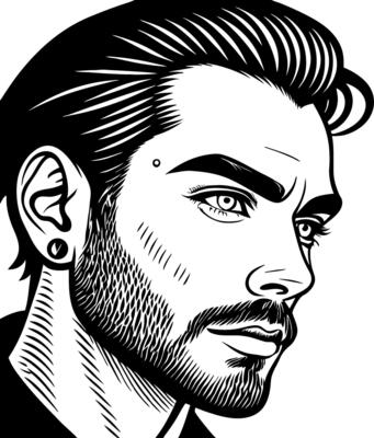 Stylized Male Portrait Illustration with Sharp Features and Textured Hair for Design Use