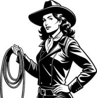 Cowgirl Character with Lasso in Vintage Style Perfect for Tattoo Designs and Illustrations vector