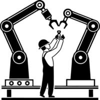 Industrial Automation Worker Interacting with Robotic Arms in Manufacturing Environment vector