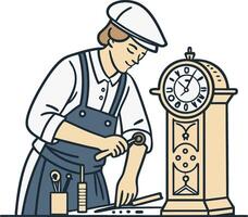 Clockmaker Repairing Vintage Grandfather Clock with Tools in Artisan Workshop vector