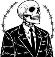 Stylized Skeleton in Suit Surrounded by Barbed Wire for Artistic Designs and Illustrations vector