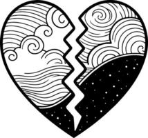 Broken Heart Design Featuring Waves and Clouds for Artwork and Tattoo Inspiration vector