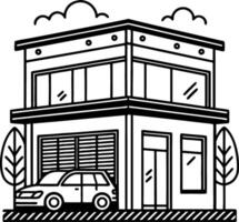 Modern House with Car in Driveway Surrounded by Trees and Clouds for Coloring Pages vector