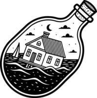 Whimsical House in a Bottle Surrounded by Waves and Clouds for Creative Designs vector