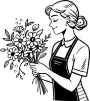 Floral Arranger Holding Bouquet of Flowers with Joyful Expression for Coloring Book Design vector