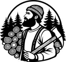 Rustic Lumberjack Portrait with Axe Surrounded by Pine Trees and Wood Logs for Outdoor Theme vector