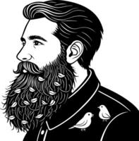 Stylized Black and White Portrait of a Bearded Man with Birds Illustrating Nature and Masculinity vector