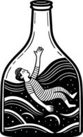 Boy Floating in Bottle Surrounded by Waves and Stars Perfect for Tattoo or Coloring Book Design vector