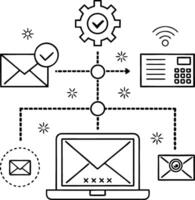 Email Communication Process Diagram Featuring Laptop Gear Mail and Data Transfer Flow vector