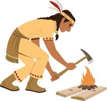 Indigenous Person Creating Fire with Axe and Wooden Logs in Traditional Attire vector