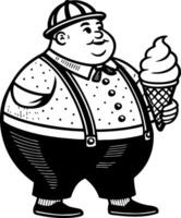 Joyful Chubby Man Holding Ice Cream Cone Vintage Style Illustration for Food Theme Projects vector
