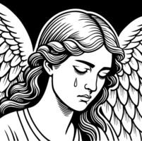 Grieving Angel with Teardrop Emphasizing Mourning and Reflection in Black and White Design vector